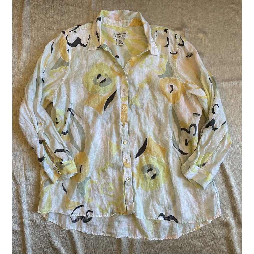 Rachel Zoe 100% Linen floral print roll‎ tab sleeve button down shirt 2X XXL